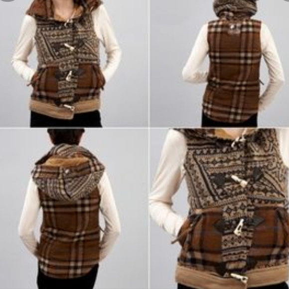 Da Nang• xs knit wool blend vest toggle closure hood plaid tribal - Picture 3 of 11